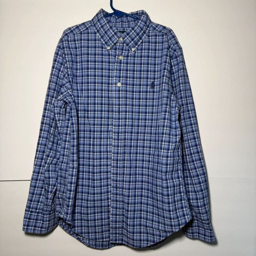 Ralph Lauren Boys Blue Plaid Cotton Button-Down Shirt M 10–12